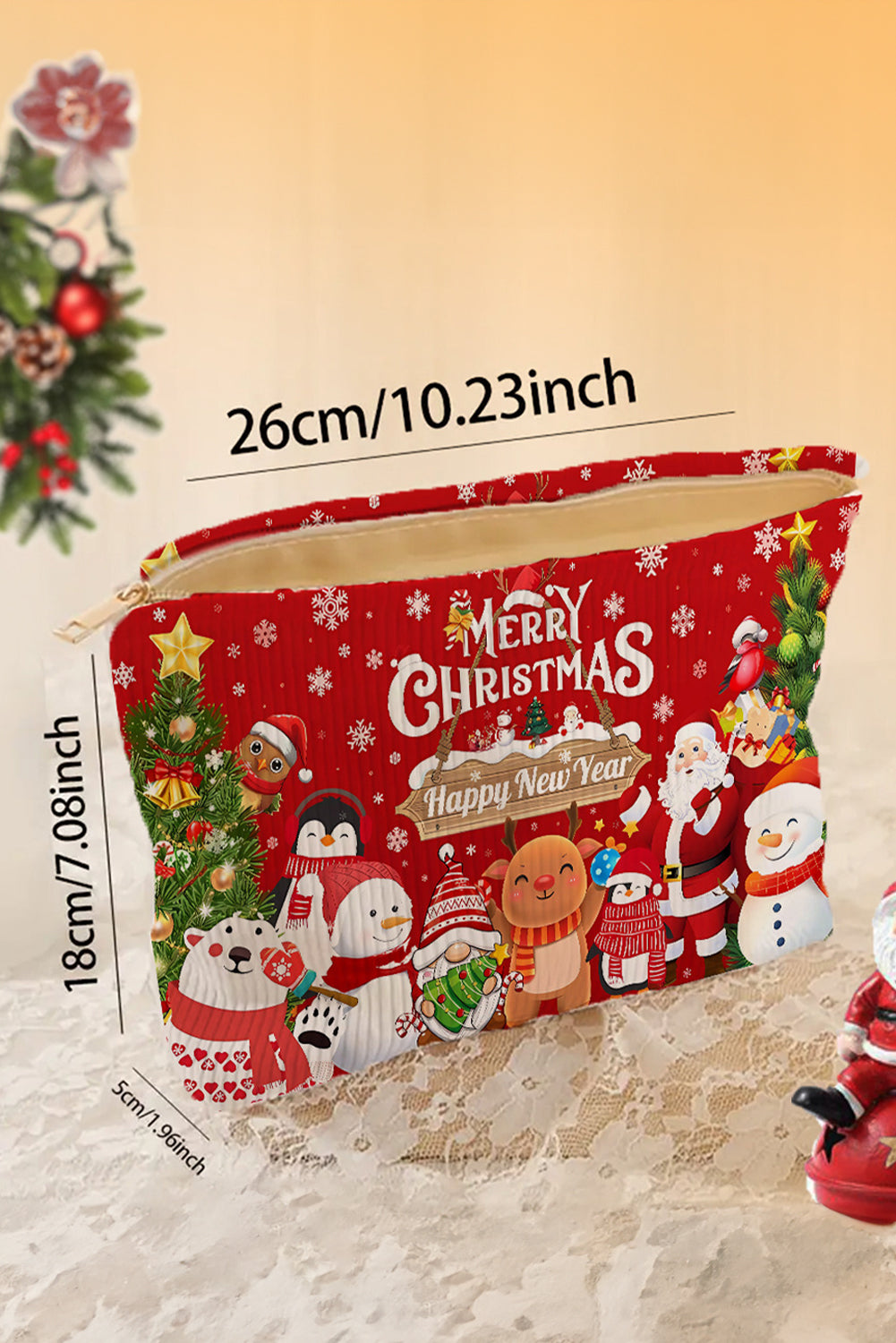 Fiery Red Christmas Zipper Corduroy Makeup Bag
