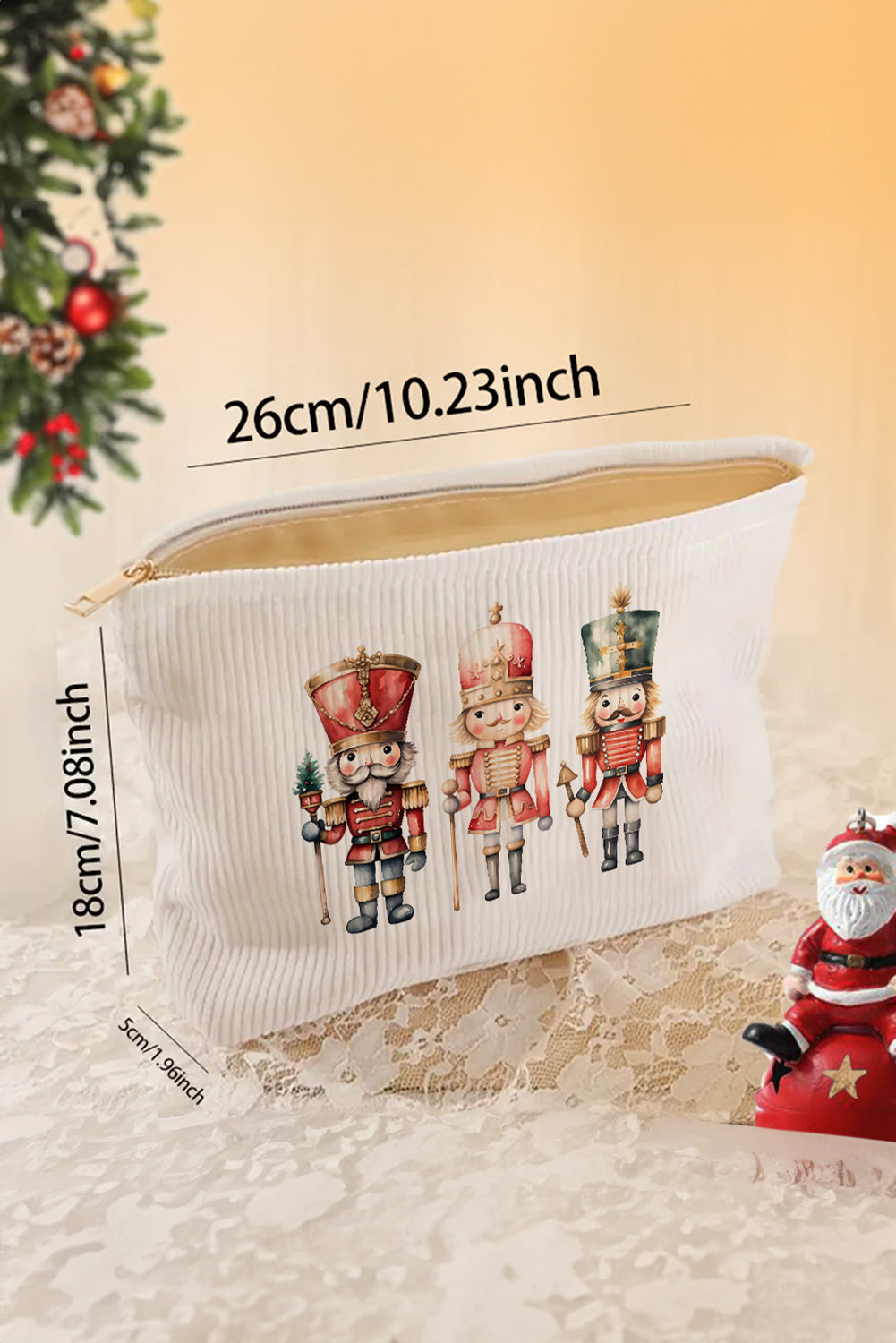 White Christmas Nutcracker Print Corduroy Zip Up Cosmetic Bag