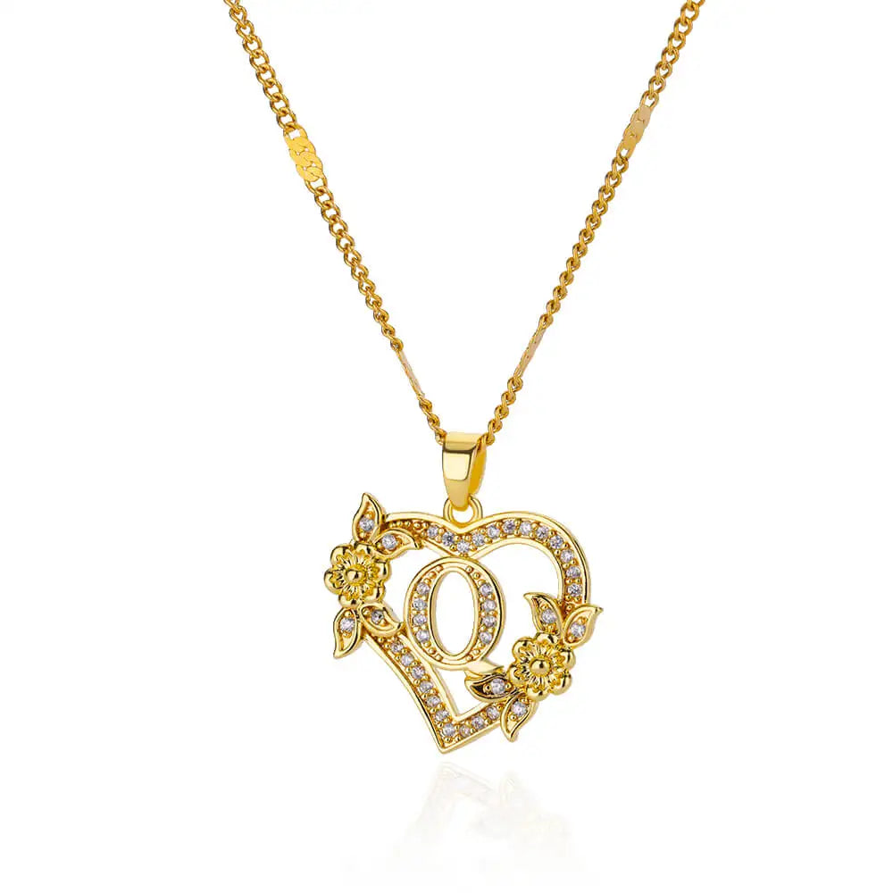 Heart Initial Letter Necklaces Gold Color Stainless Steel Chain A-Z Alphabet