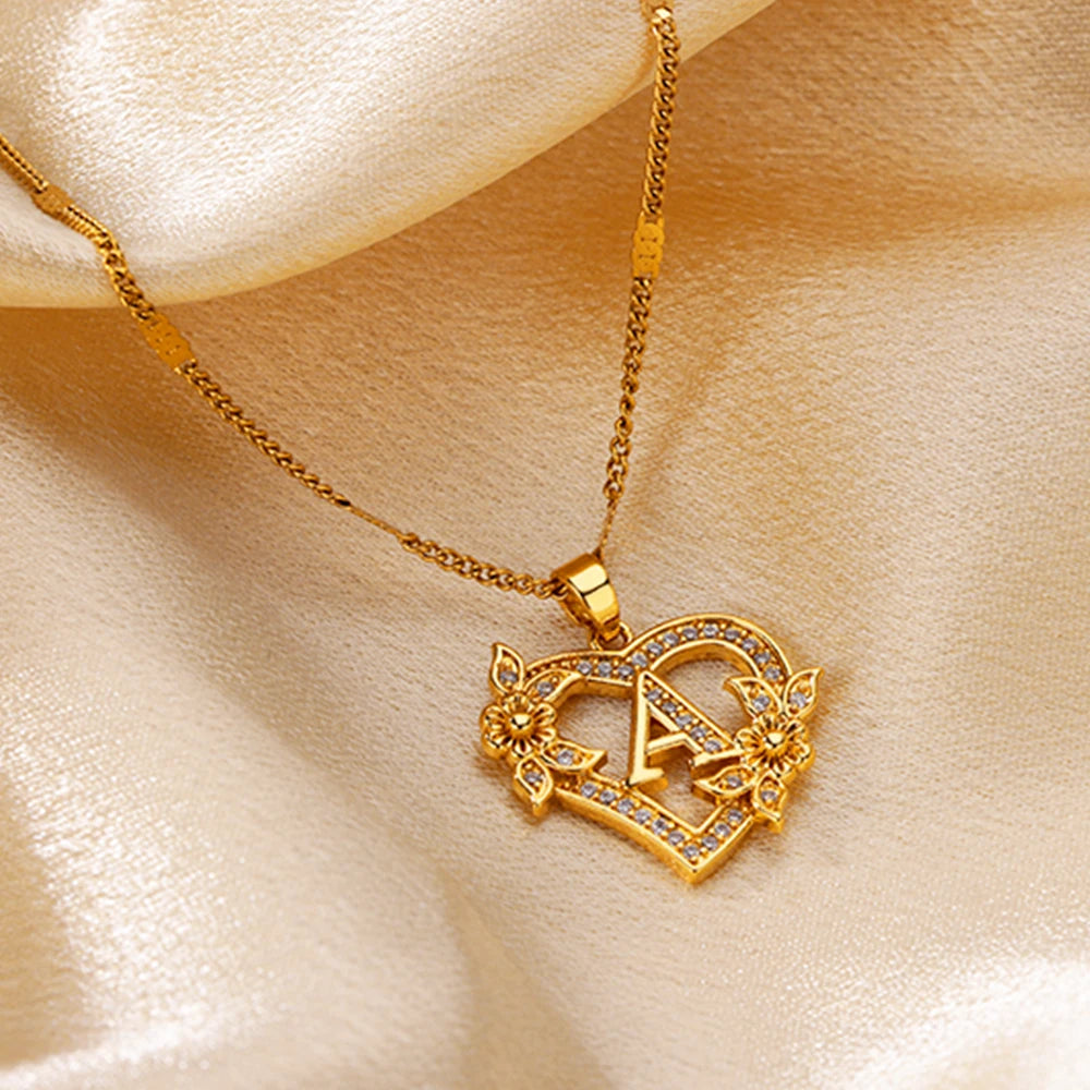 Heart Initial Letter Necklaces Gold Color Stainless Steel Chain A-Z Alphabet