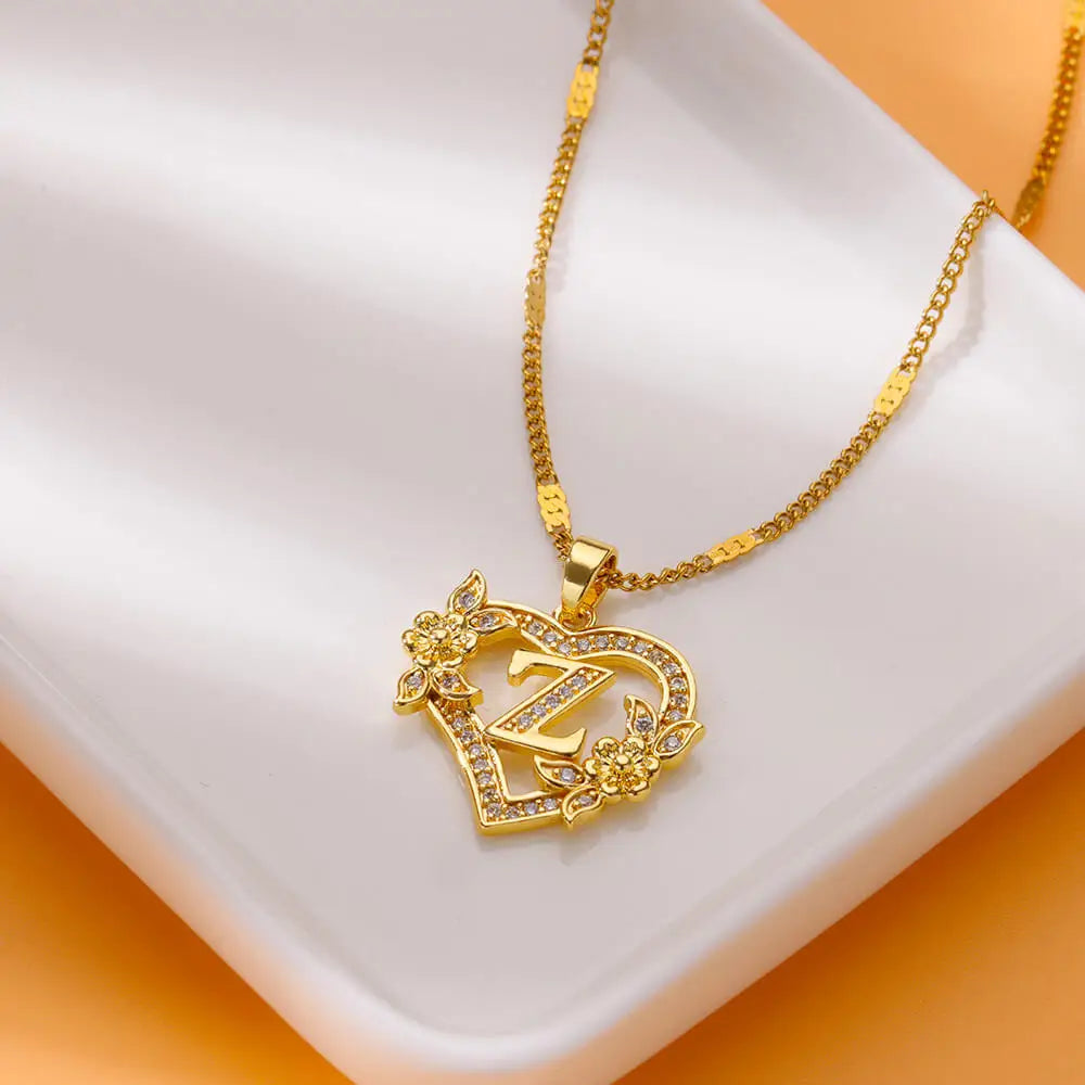 Heart Initial Letter Necklaces Gold Color Stainless Steel Chain A-Z Alphabet