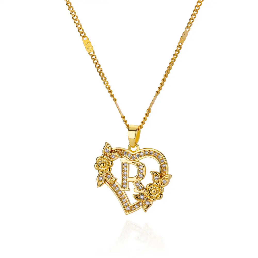 Heart Initial Letter Necklaces Gold Color Stainless Steel Chain A-Z Alphabet