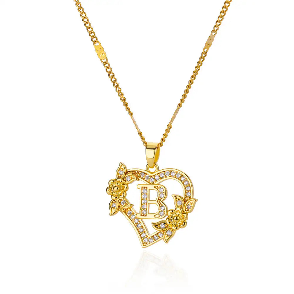 Heart Initial Letter Necklaces Gold Color Stainless Steel Chain A-Z Alphabet
