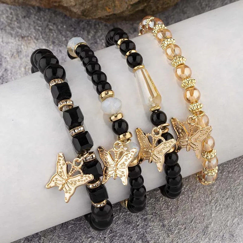 4Pcs Trendy Butterfly Beaded Bracelet Set For Women