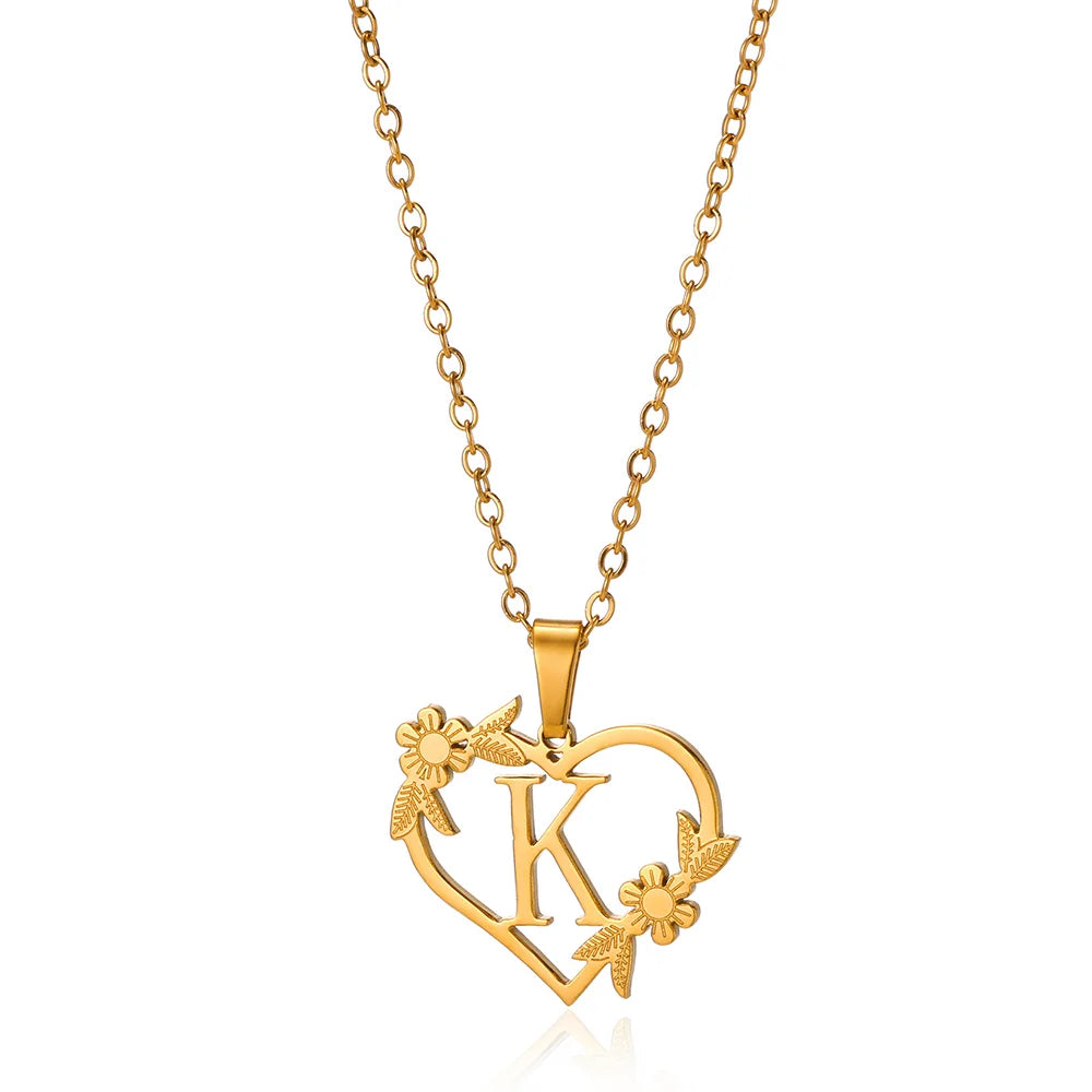 Heart Initial Letter Necklaces Gold Color Stainless Steel Chain A-Z Alphabet