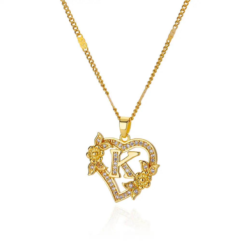 Heart Initial Letter Necklaces Gold Color Stainless Steel Chain A-Z Alphabet