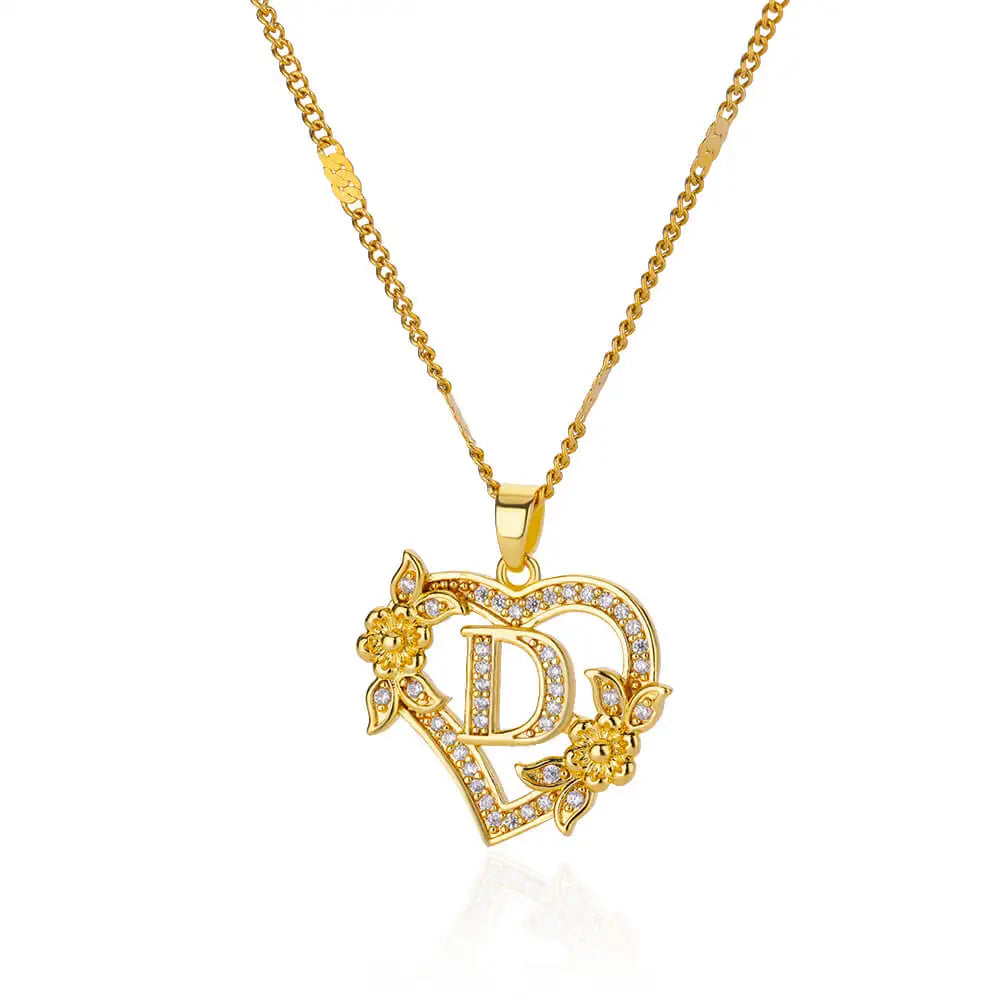 Heart Initial Letter Necklaces Gold Color Stainless Steel Chain A-Z Alphabet