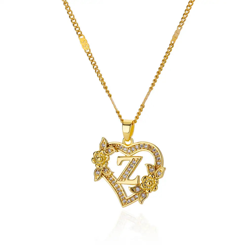 Heart Initial Letter Necklaces Gold Color Stainless Steel Chain A-Z Alphabet