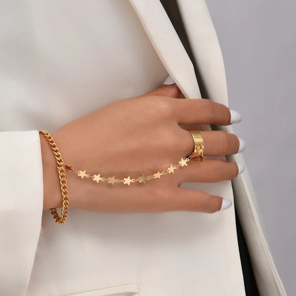 Hand Chain Bracelet Ring Gold