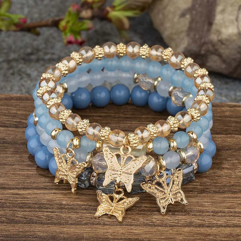 4Pcs Trendy Butterfly Beaded Bracelet Set For Women