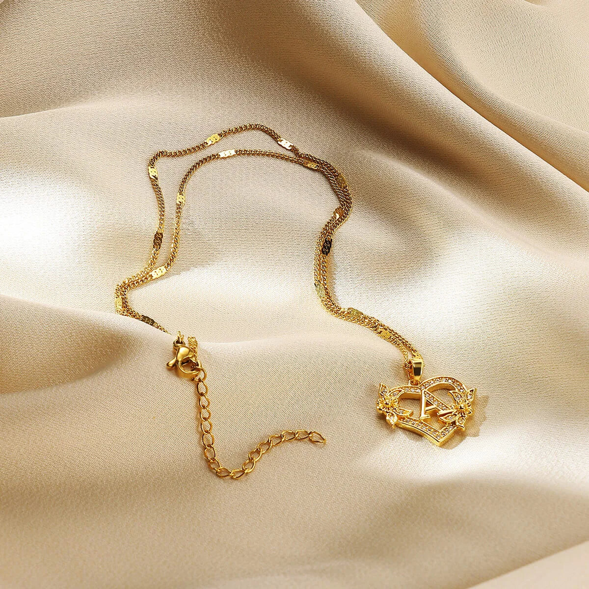 Heart Initial Letter Necklaces Gold Color Stainless Steel Chain A-Z Alphabet