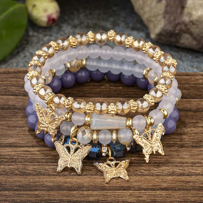 4Pcs Trendy Butterfly Beaded Bracelet Set For Women