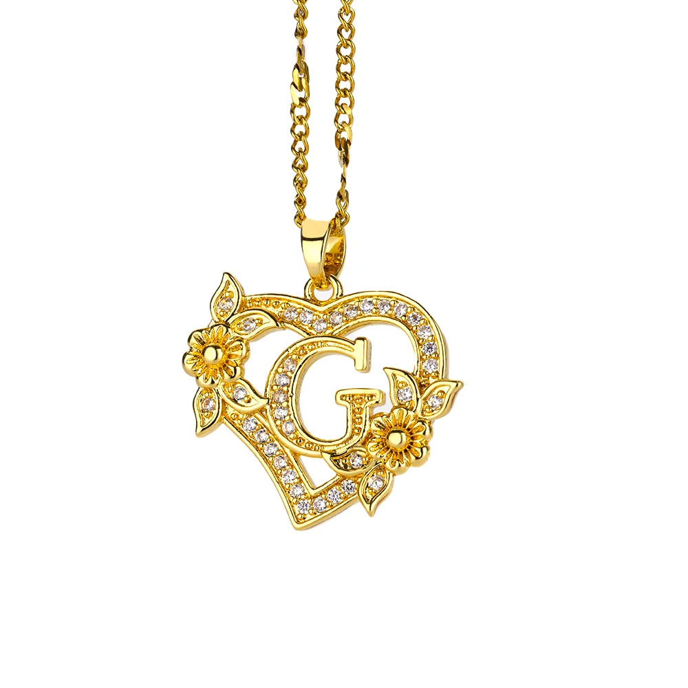 Heart Initial Letter Necklaces Gold Color Stainless Steel Chain A-Z Alphabet