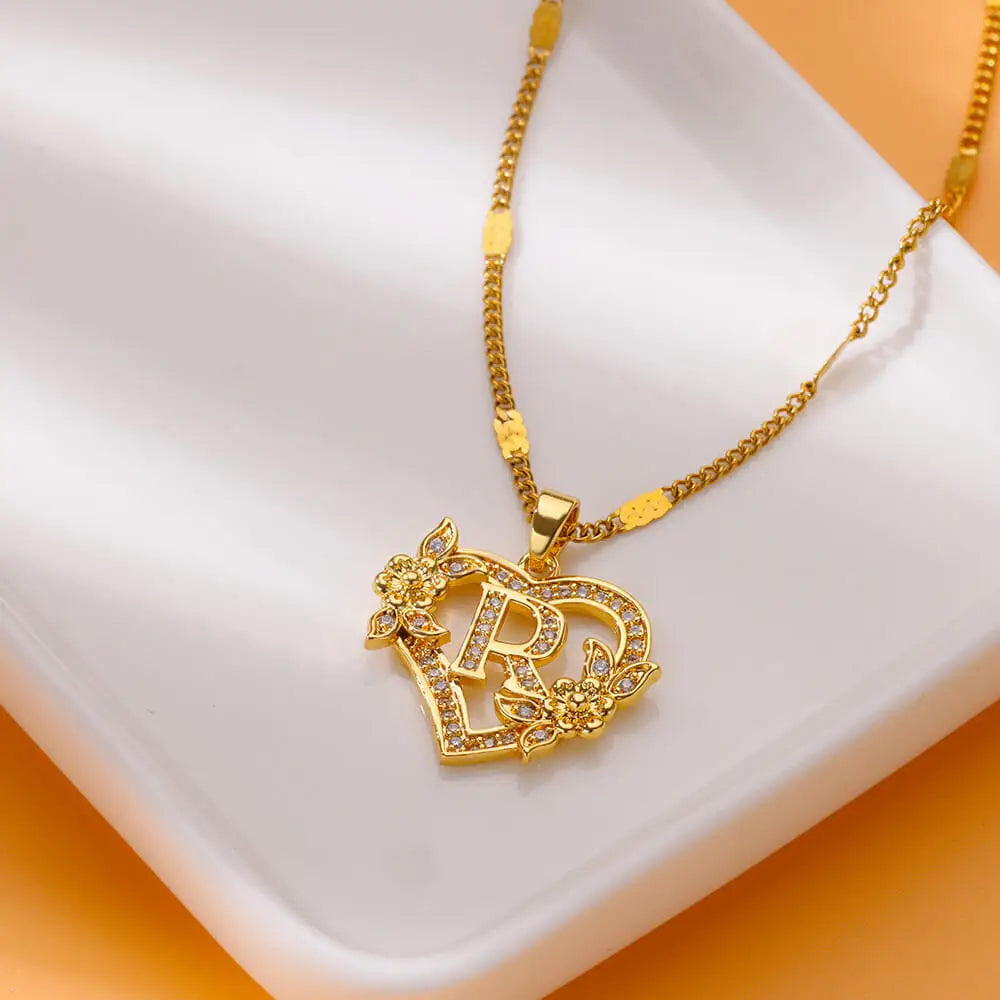Heart Initial Letter Necklaces Gold Color Stainless Steel Chain A-Z Alphabet