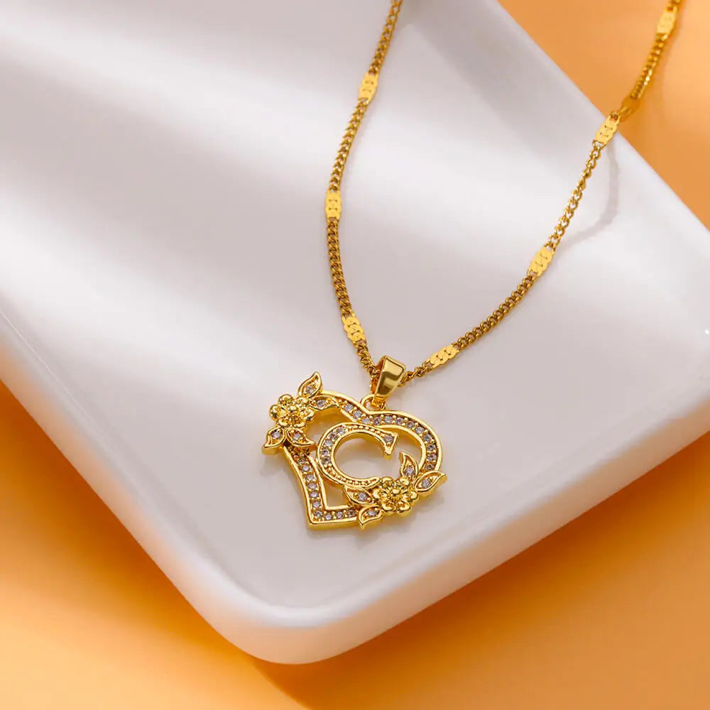 Heart Initial Letter Necklaces Gold Color Stainless Steel Chain A-Z Alphabet