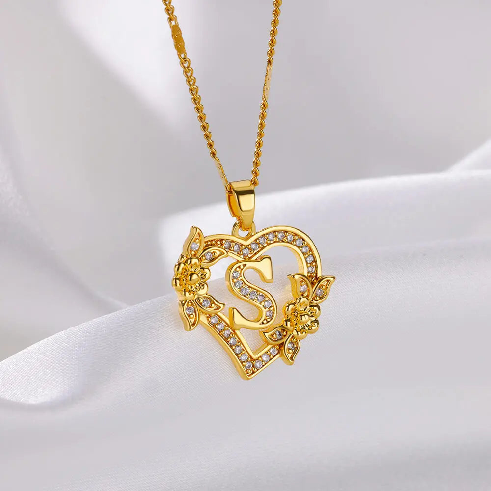Heart Initial Letter Necklaces Gold Color Stainless Steel Chain A-Z Alphabet