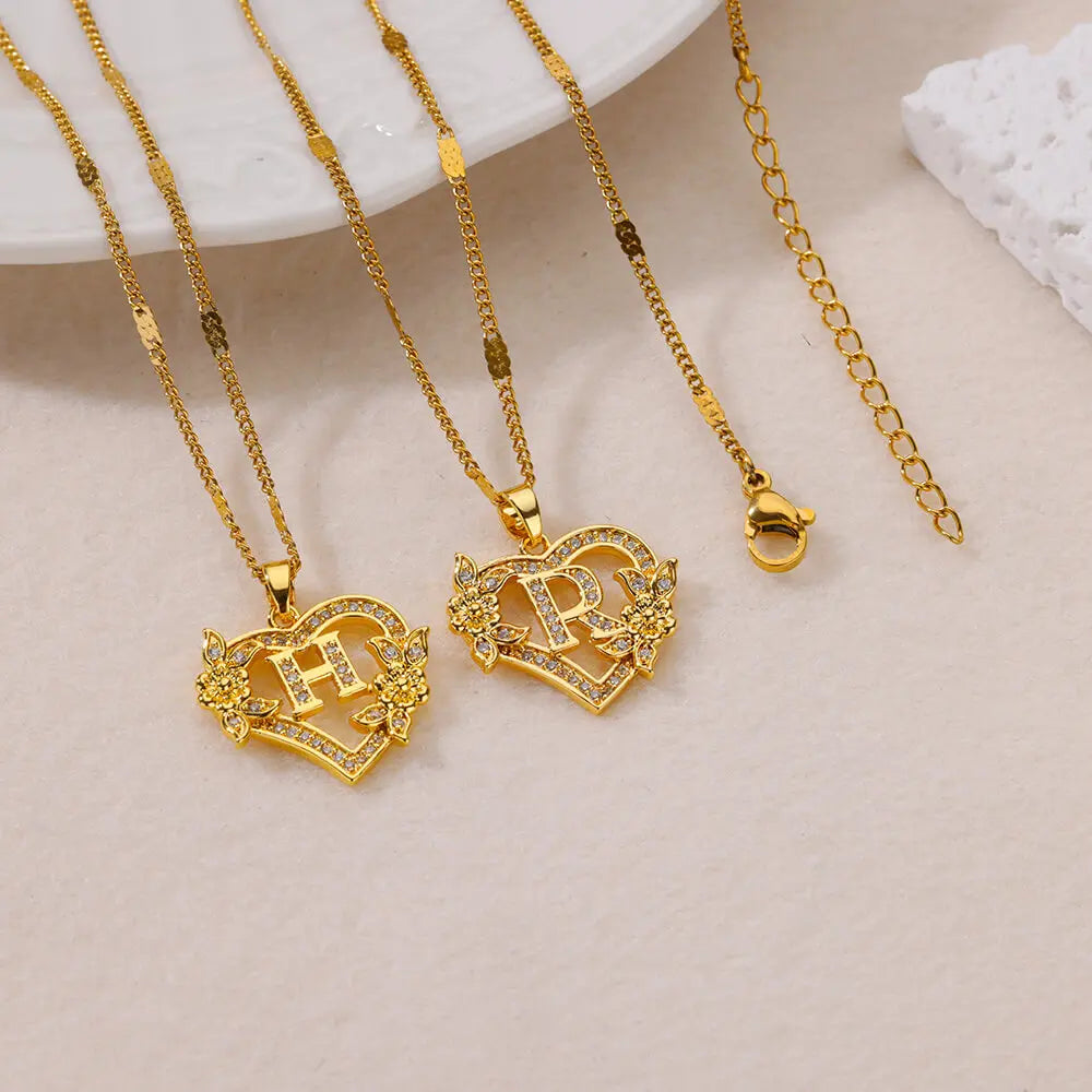 Heart Initial Letter Necklaces Gold Color Stainless Steel Chain A-Z Alphabet