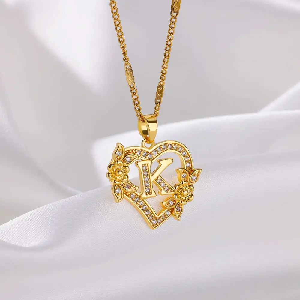 Heart Initial Letter Necklaces Gold Color Stainless Steel Chain A-Z Alphabet