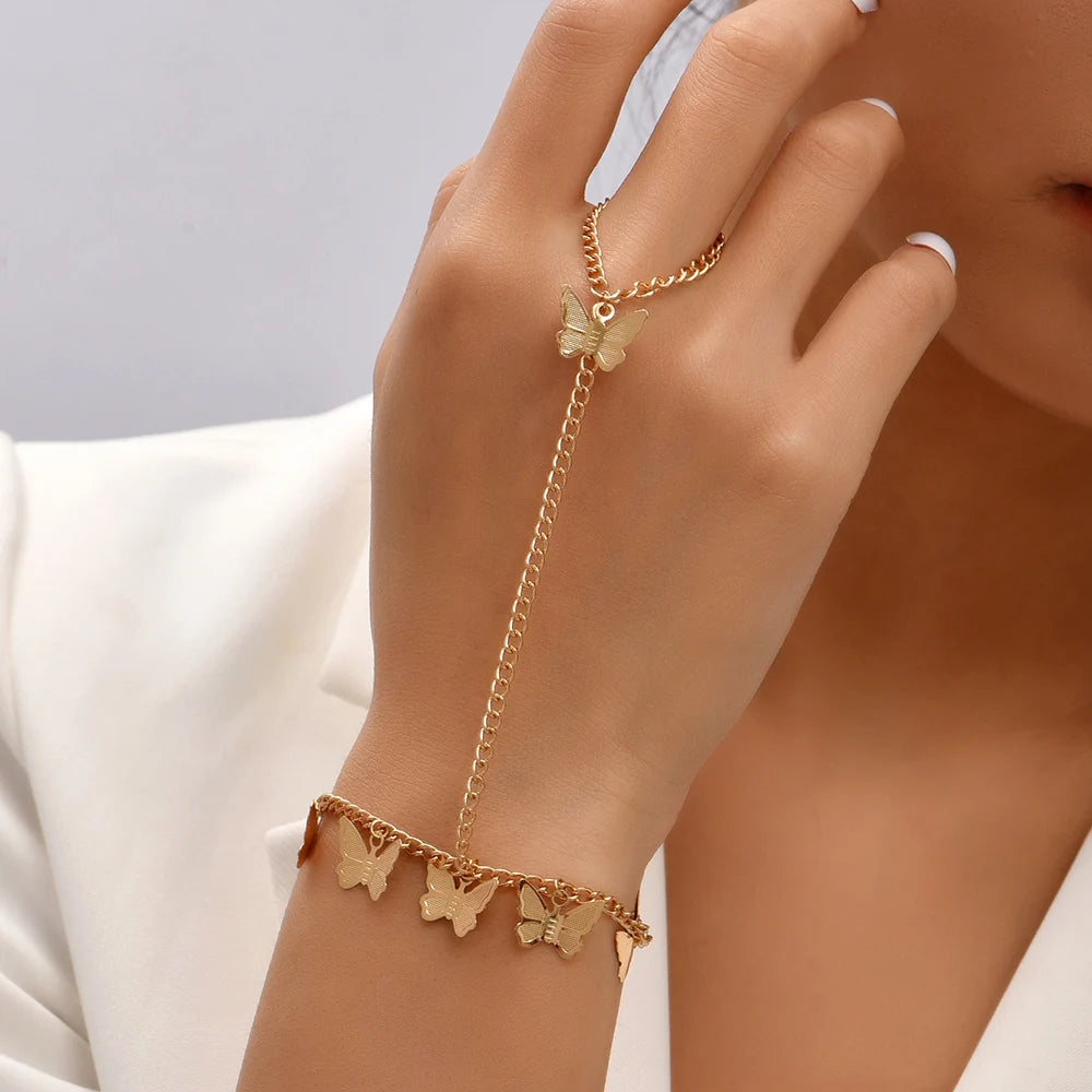 Hand Chain Bracelet Ring Gold
