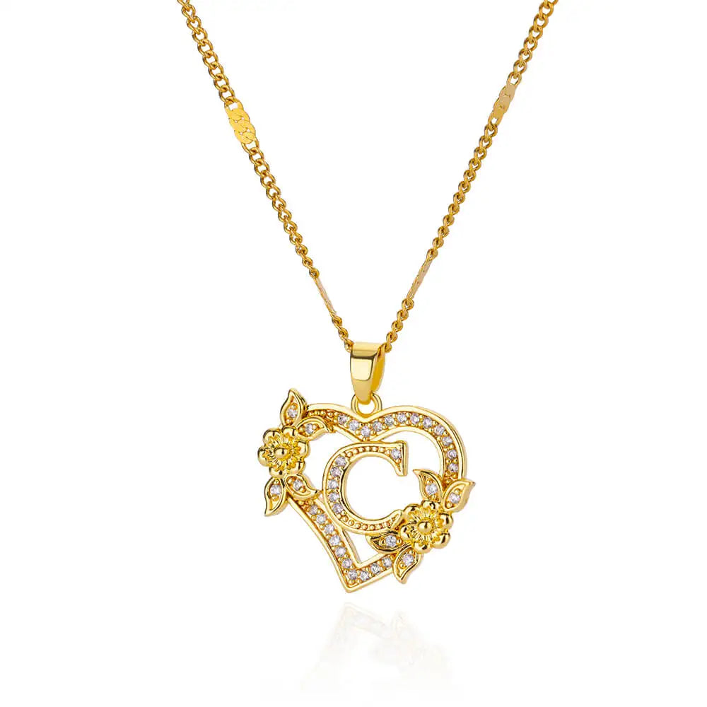 Heart Initial Letter Necklaces Gold Color Stainless Steel Chain A-Z Alphabet