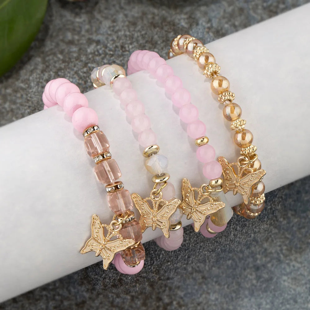 4Pcs Trendy Butterfly Beaded Bracelet Set For Women
