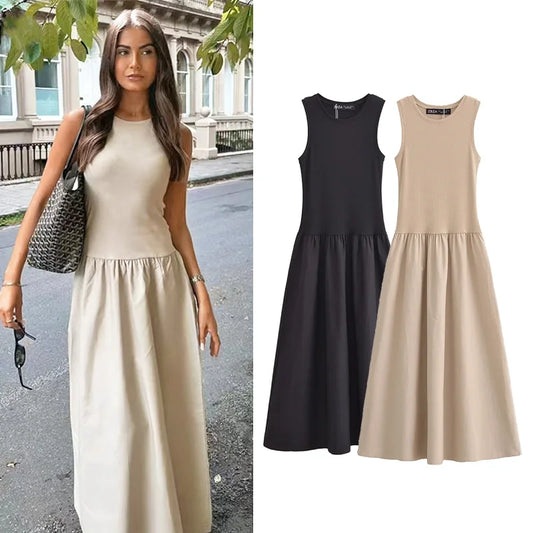 TRAF Khaki Elegant Long Dresses Women's