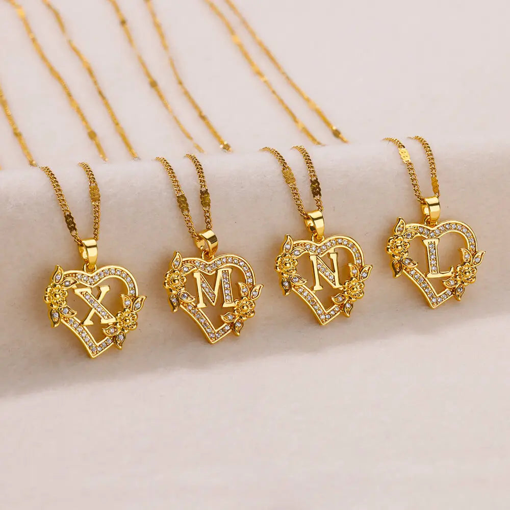 Heart Initial Letter Necklaces Gold Color Stainless Steel Chain A-Z Alphabet