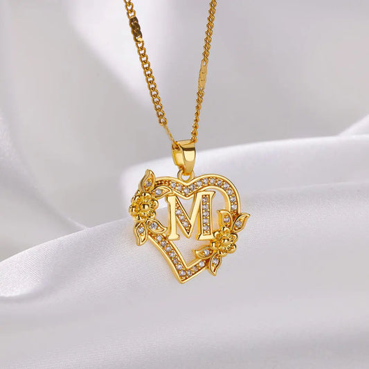 Heart Initial Letter Necklaces  Gold Color Stainless Steel Chain A-Z Alphabet
