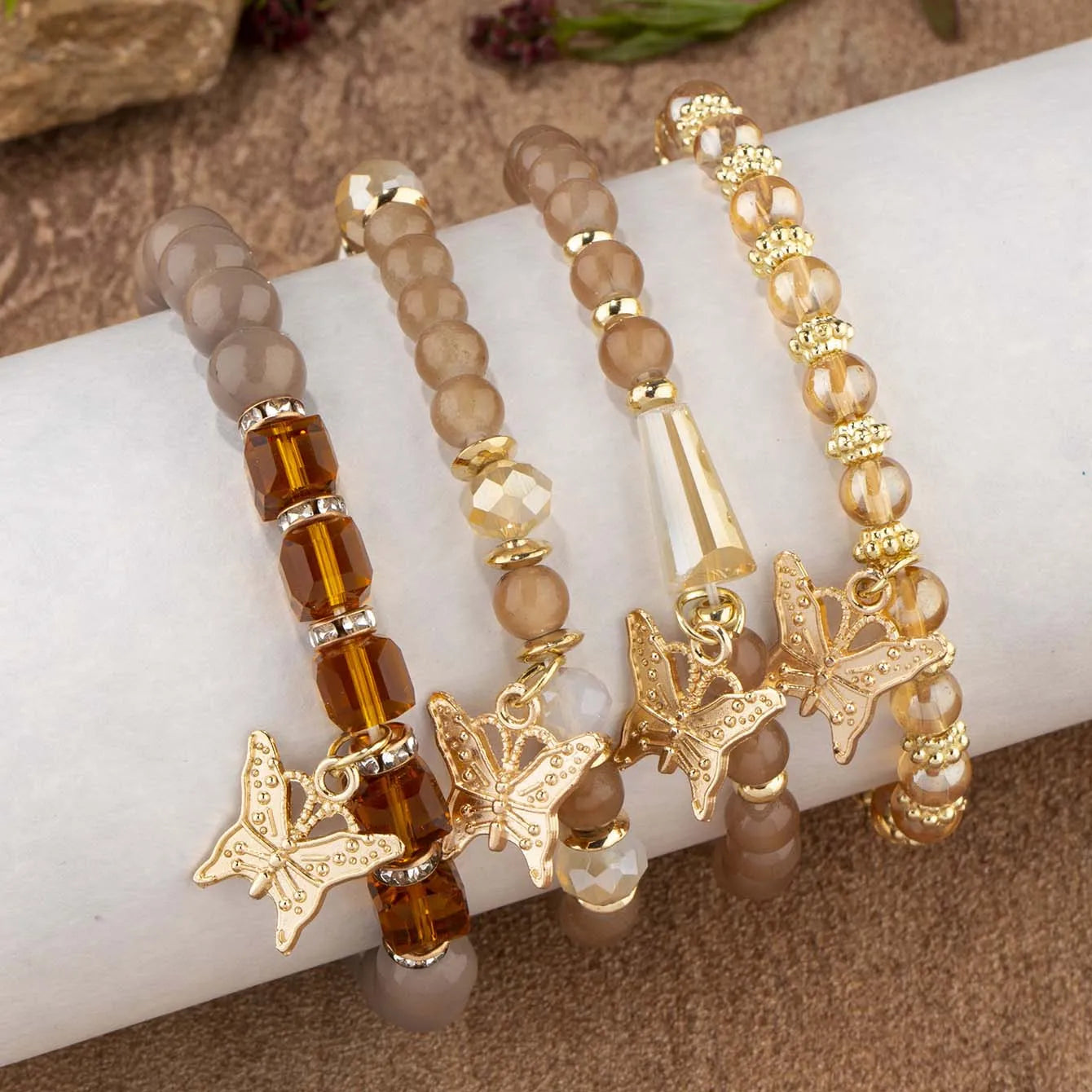 4Pcs Trendy Butterfly Beaded Bracelet Set For Women