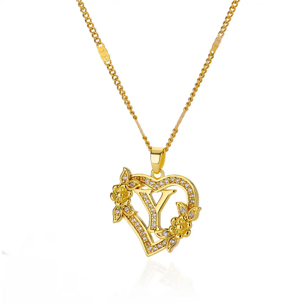 Heart Initial Letter Necklaces Gold Color Stainless Steel Chain A-Z Alphabet
