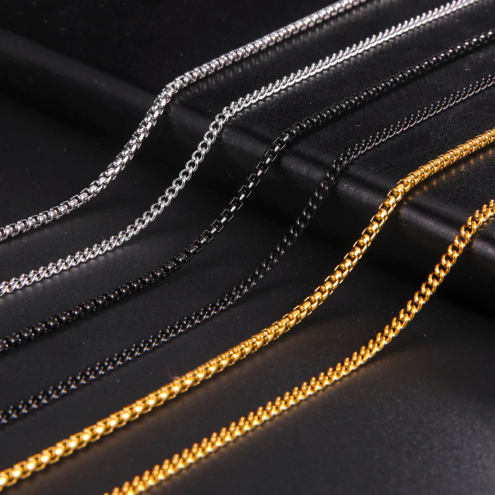 60cm Long Box Chain Necklace Men Stainless Steel Black Gold Color Link Chains