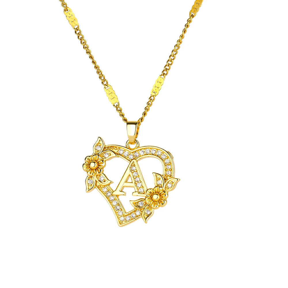 Heart Initial Letter Necklaces Gold Color Stainless Steel Chain A-Z Alphabet