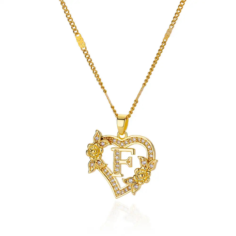 Heart Initial Letter Necklaces Gold Color Stainless Steel Chain A-Z Alphabet