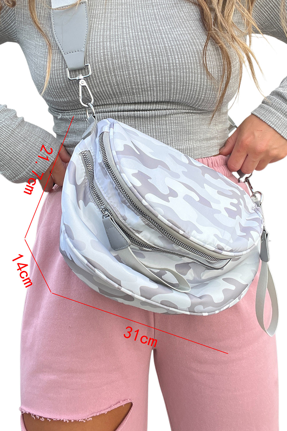 Light Grey Camouflage Print Double Zipper Crossbody Bag