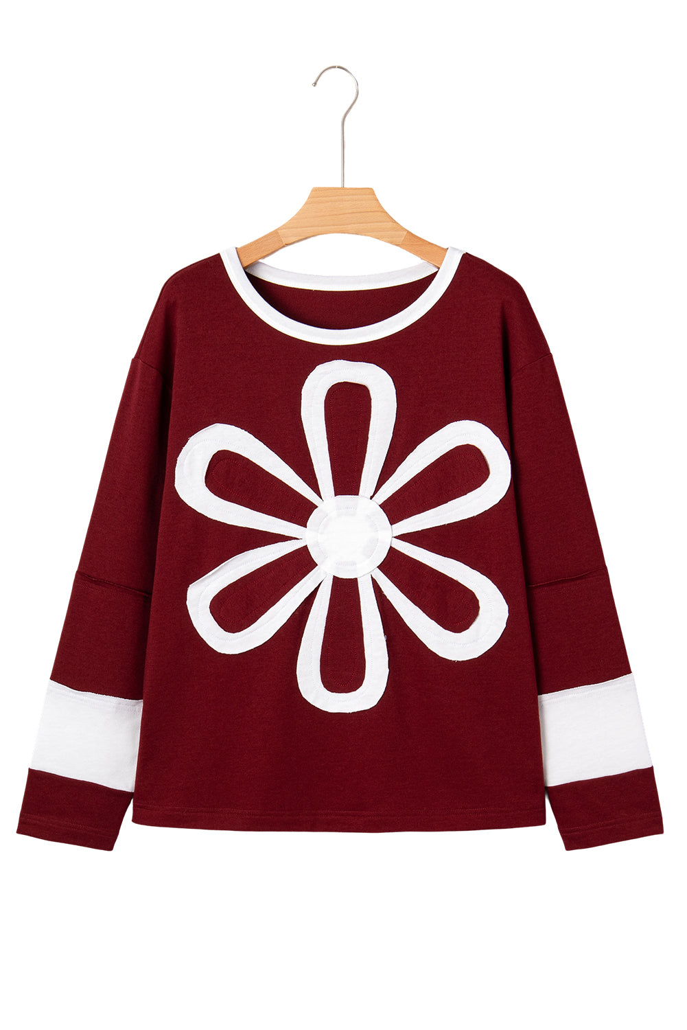 Red Cheerful Daisy Flower Patched Round Neck Long Sleeve Top