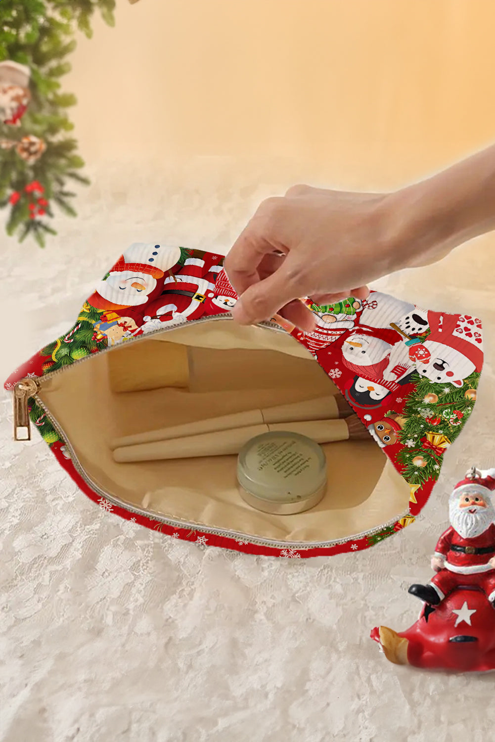 Fiery Red Christmas Zipper Corduroy Makeup Bag