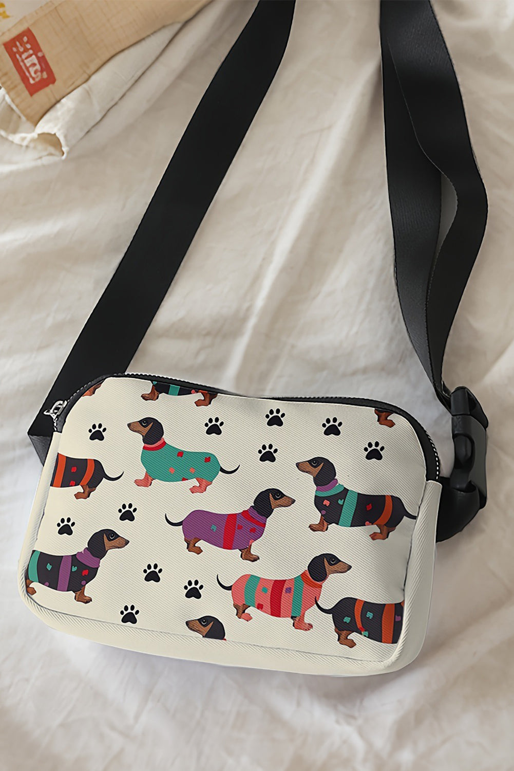 White Dachshund Walking Footprint PU Crossbody Bag
