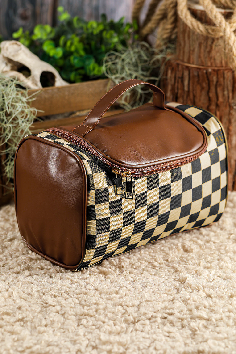 Checkered Zipper Large Cosmetic Bag with Handle