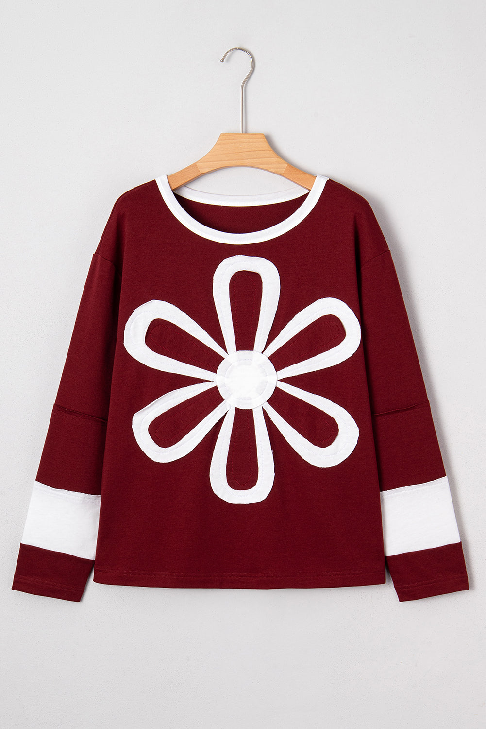 Red Cheerful Daisy Flower Patched Round Neck Long Sleeve Top