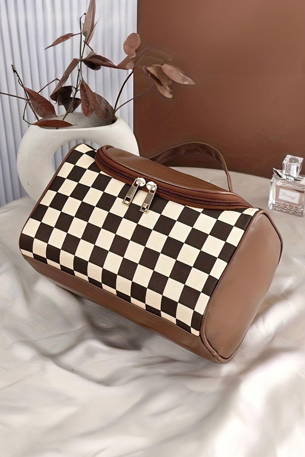 Checkered Zipper Large Cosmetic Bag with Handle