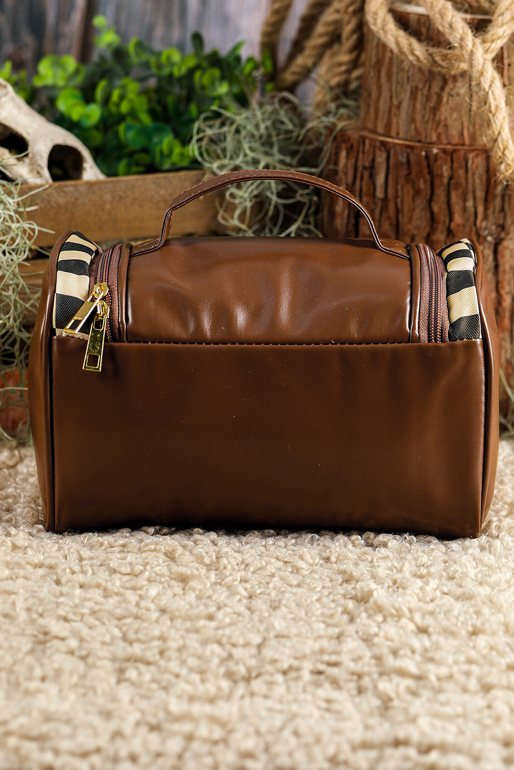 Checkered Zipper Large Cosmetic Bag with Handle