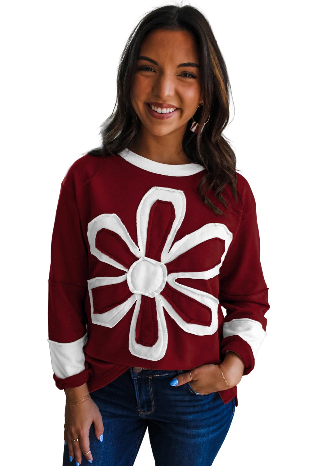 Red Cheerful Daisy Flower Patched Round Neck Long Sleeve Top