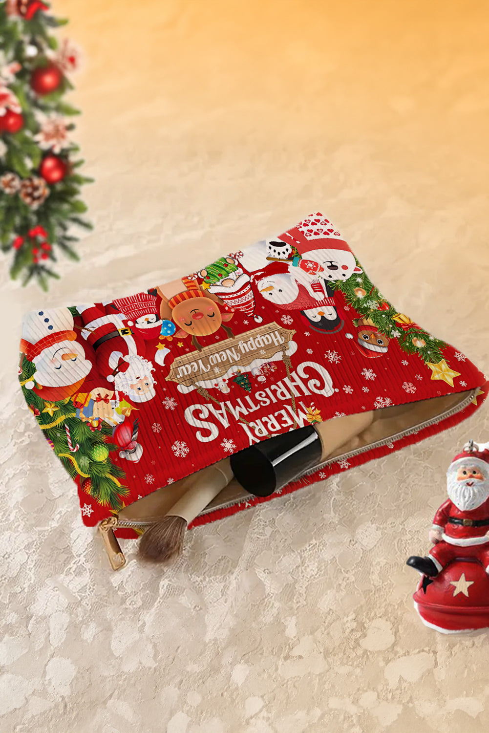 Fiery Red Christmas Zipper Corduroy Makeup Bag