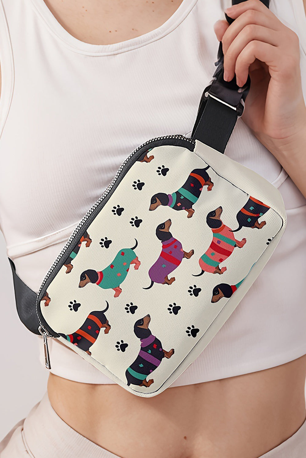 White Dachshund Walking Footprint PU Crossbody Bag