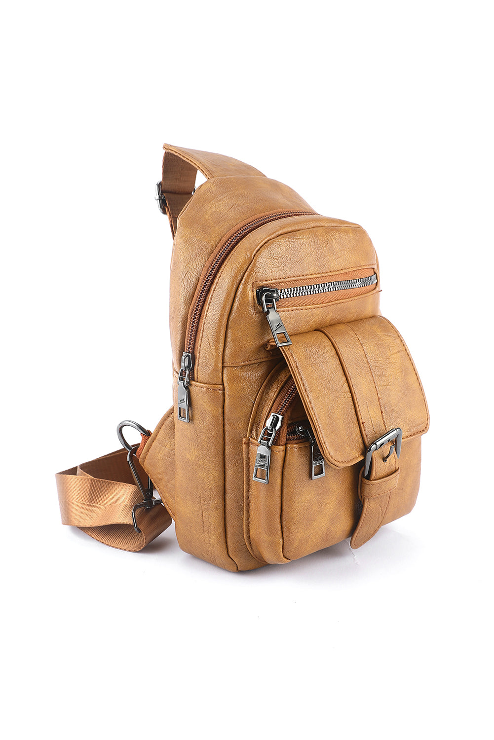 Khaki Vintage Zipper Multi Pockets PU Sling Bag
