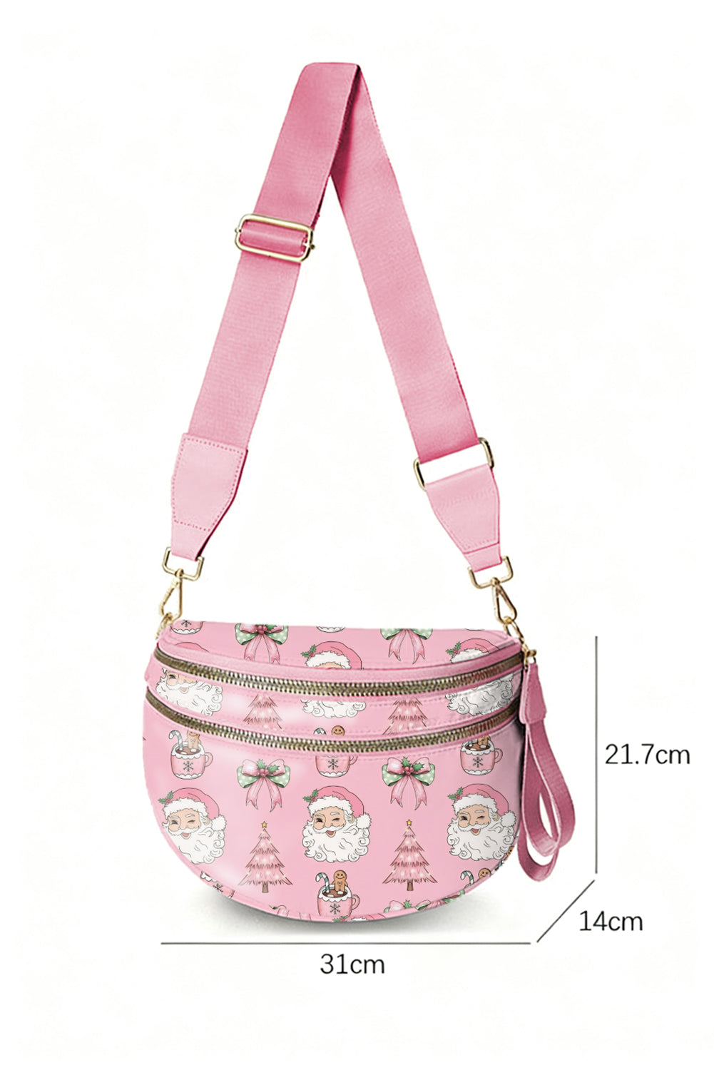 Pink Christmas Graphic Double Zip Crossbody Bag