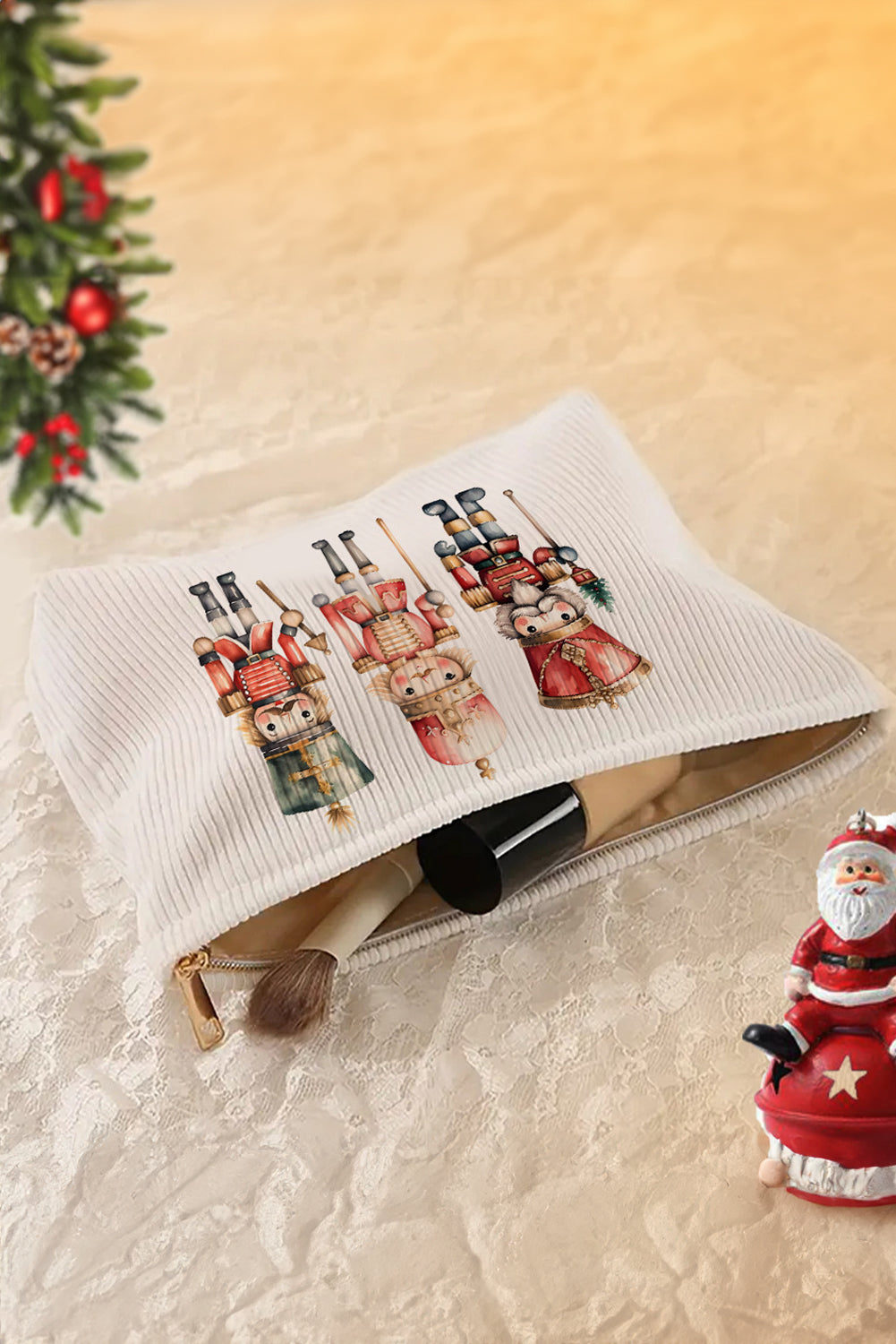 White Christmas Nutcracker Print Corduroy Zip Up Cosmetic Bag