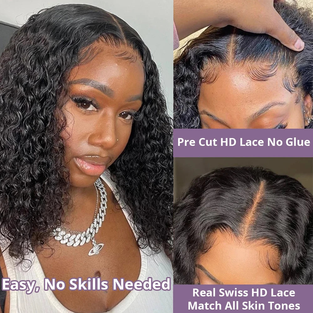 Glue Water Wave 13x4 Bob Wigs Curly 7x5 Glueless Wig Human Hair Lace Frontal Wigs