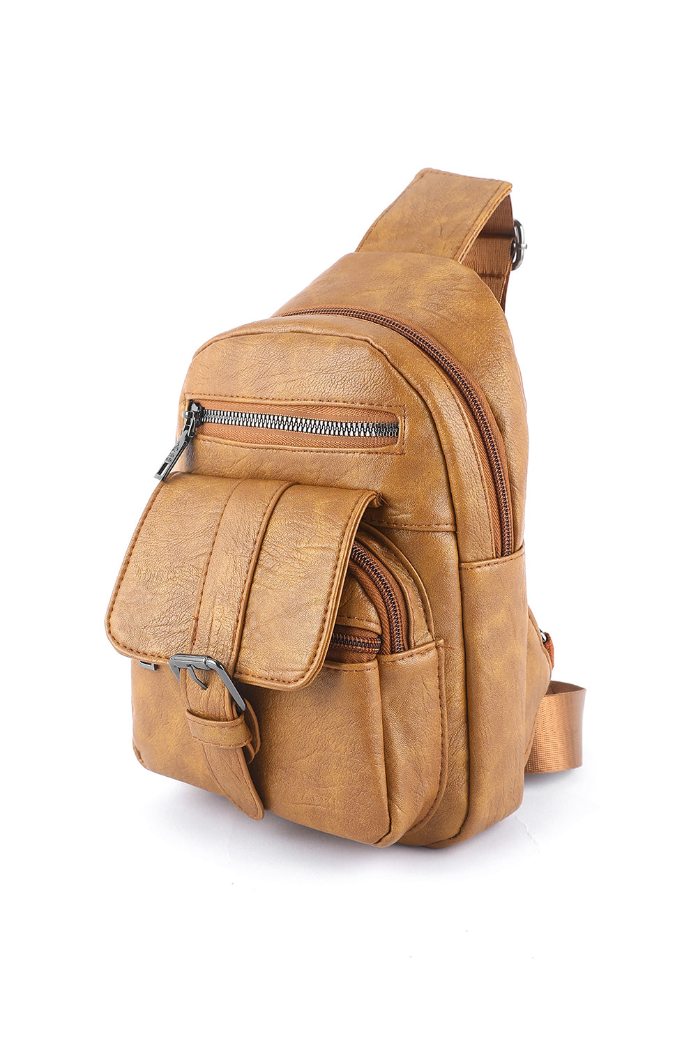 Khaki Vintage Zipper Multi Pockets PU Sling Bag