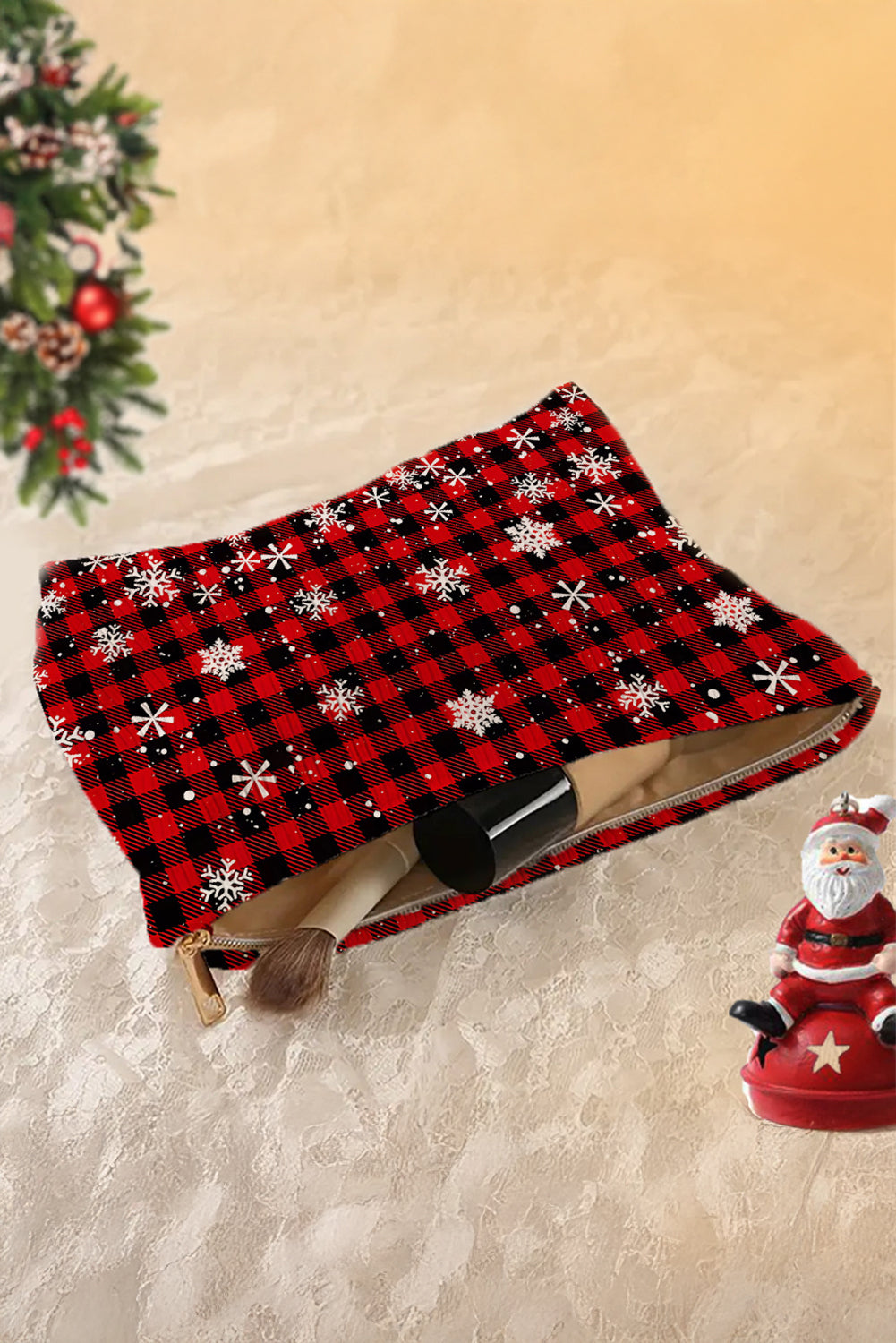 Fiery Red Plaid Christmas Snowflake Print Cosmetic Bag